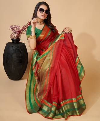 red chanderi printed saree with blouse 3