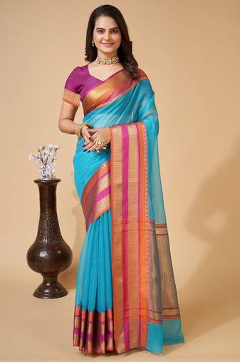 sky blue chanderi printed saree with blouse