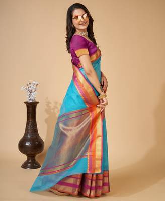 sky blue chanderi printed saree with blouse 2
