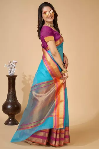 sky blue chanderi printed saree with blouse