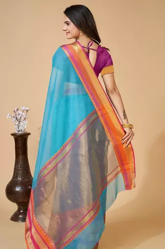 sky blue chanderi printed saree with blouse