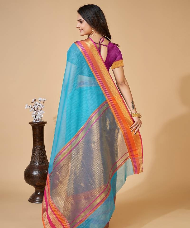 sky blue chanderi printed saree with blouse