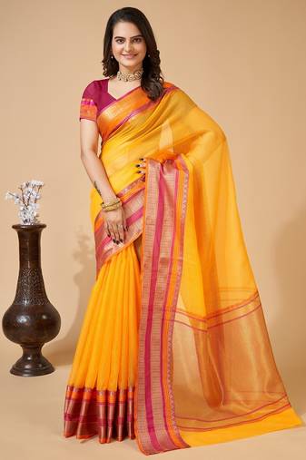 yellow chanderi printed saree with blouse