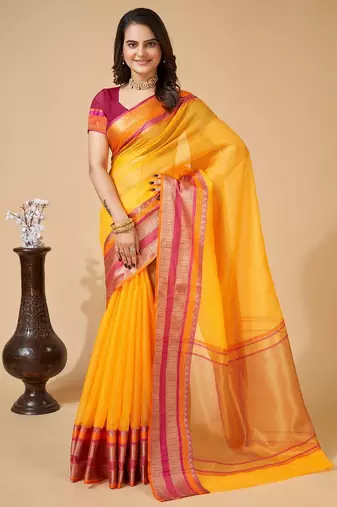 yellow chanderi printed saree with blouse