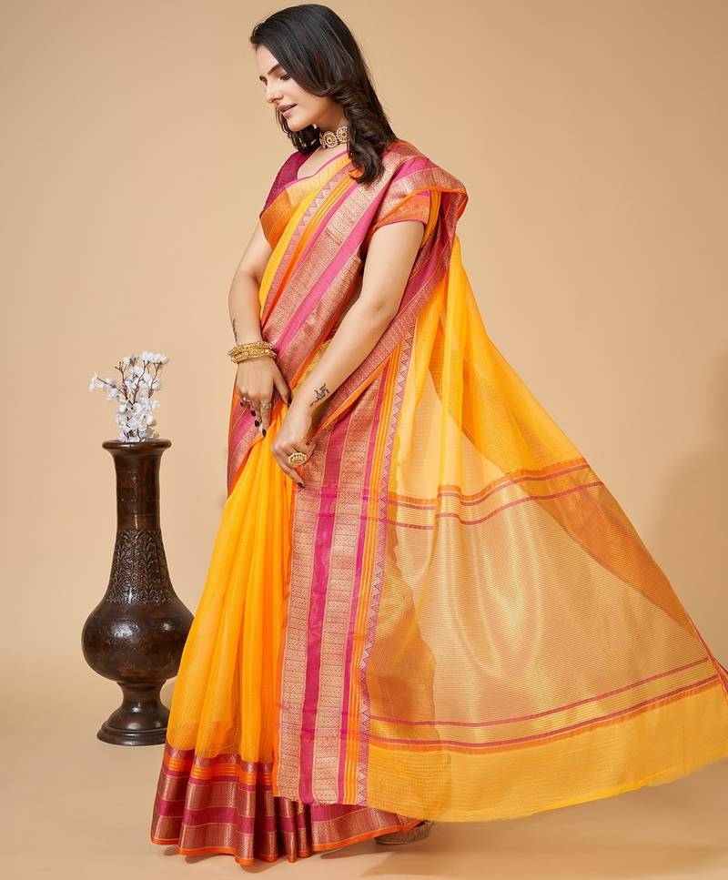 yellow chanderi printed saree with blouse