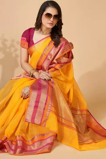 yellow chanderi printed saree with blouse