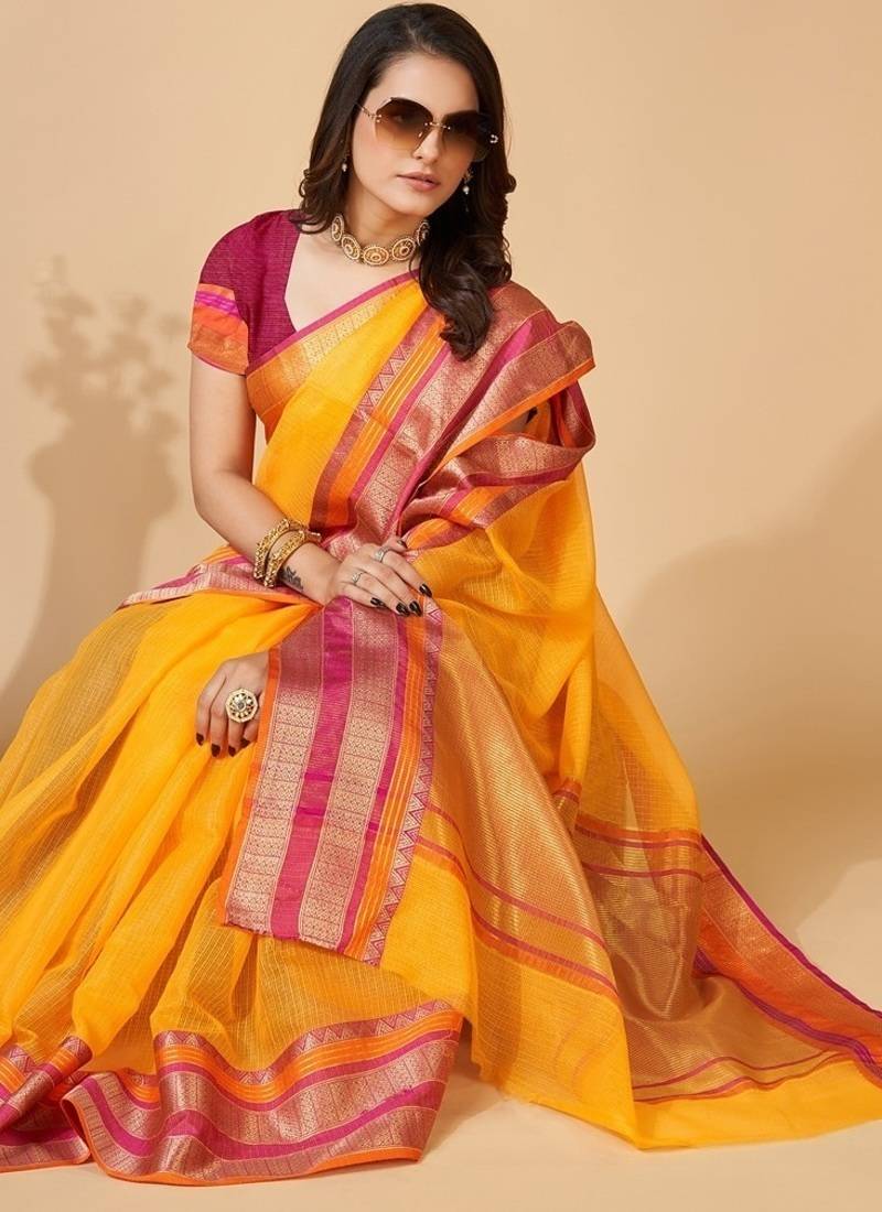yellow chanderi printed saree with blouse