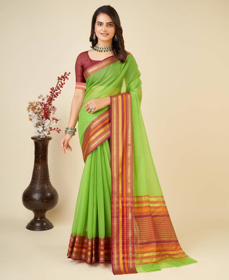 green chanderi printed saree with blouse