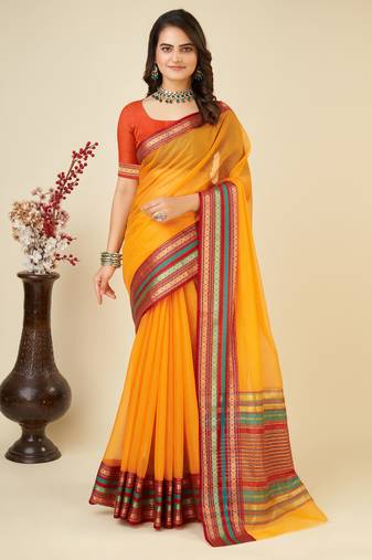 mustard chanderi printed saree with blouse