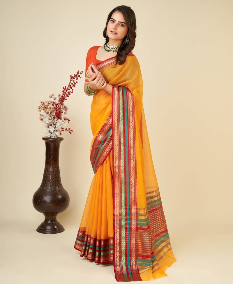 mustard chanderi printed saree with blouse