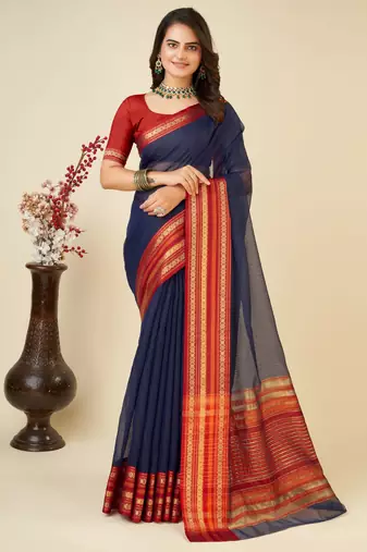 navy blue chanderi printed saree with blouse