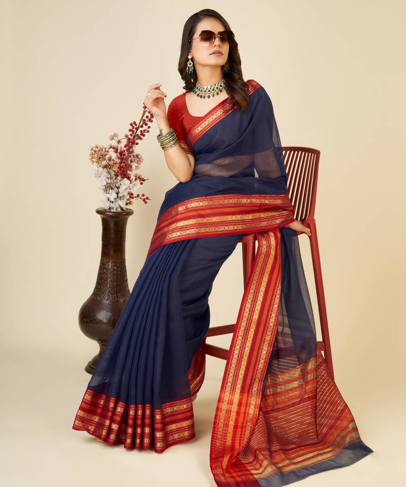 navy blue chanderi printed saree with blouse