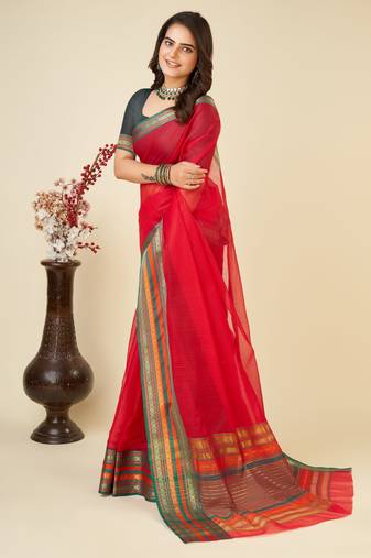red chanderi printed saree with blouse