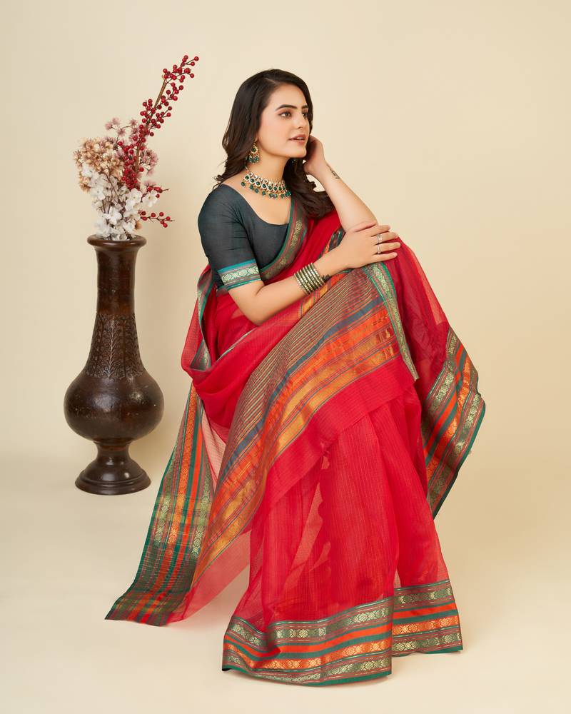 red chanderi printed saree with blouse