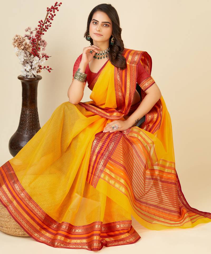 yellow chanderi printed saree with blouse