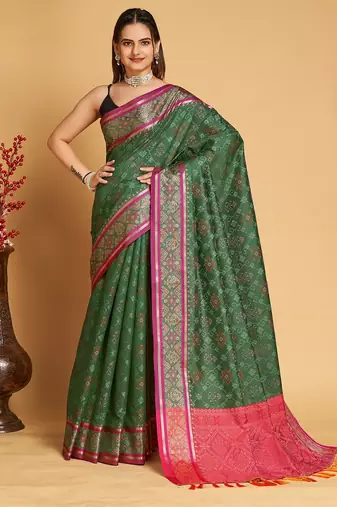 green silk blend printed saree with blouse