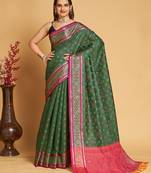 green silk blend printed saree with blouse