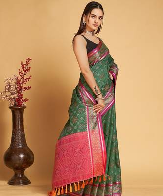 green silk blend printed saree with blouse 2