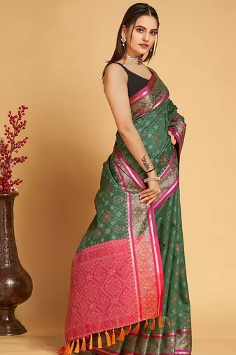 green silk blend printed saree with blouse