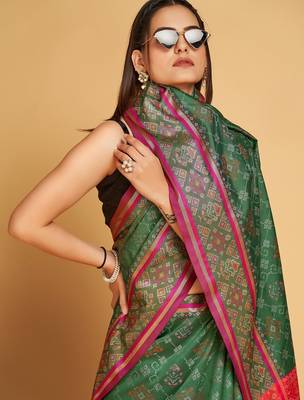 green silk blend printed saree with blouse 3