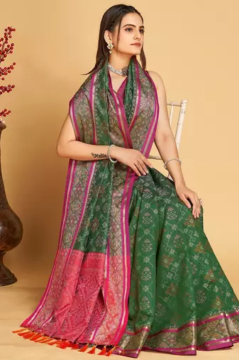 green silk blend printed saree with blouse
