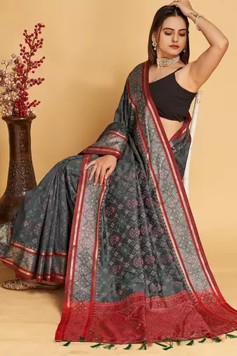 grey silk blend printed saree with blouse
