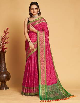 pink silk blend printed saree with blouse 1