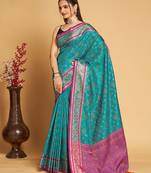 blue silk blend printed saree with blouse