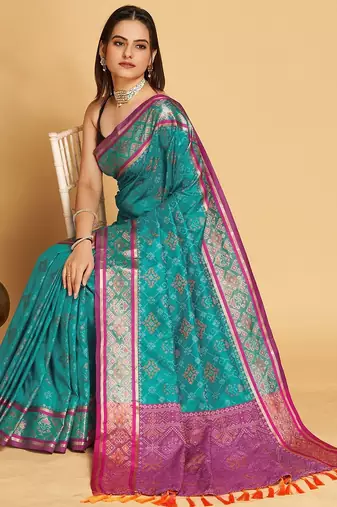 blue silk blend printed saree with blouse