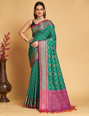 teal silk blend printed saree with blouse 1