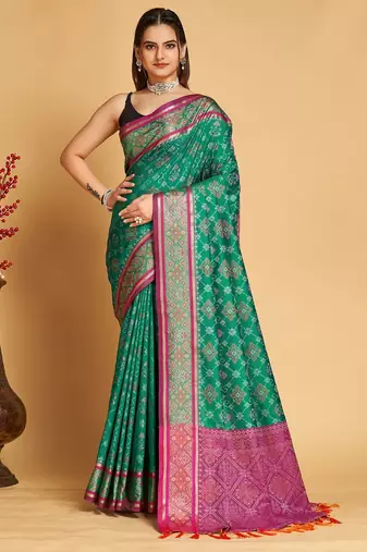teal silk blend printed saree with blouse