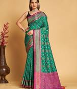 teal silk blend printed saree with blouse