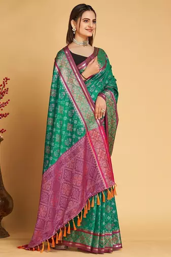 teal silk blend printed saree with blouse