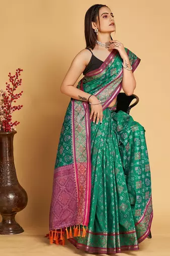 teal silk blend printed saree with blouse