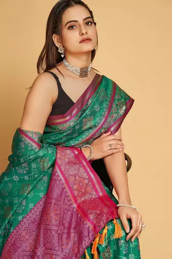 teal silk blend printed saree with blouse