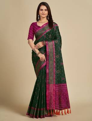 green silk blend printed saree with blouse 1