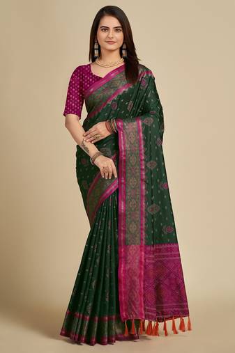 green silk blend printed saree with blouse
