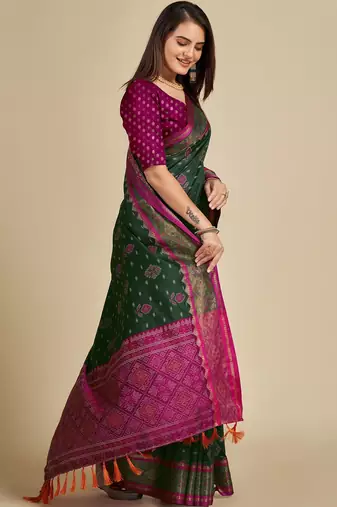 green silk blend printed saree with blouse