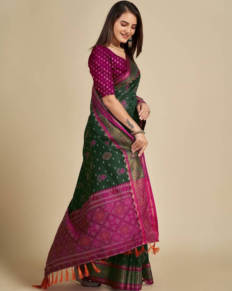 green silk blend printed saree with blouse