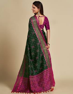 green silk blend printed saree with blouse 3
