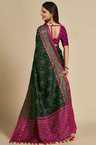 green silk blend printed saree with blouse