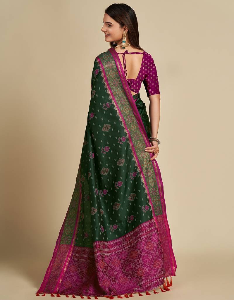 green silk blend printed saree with blouse
