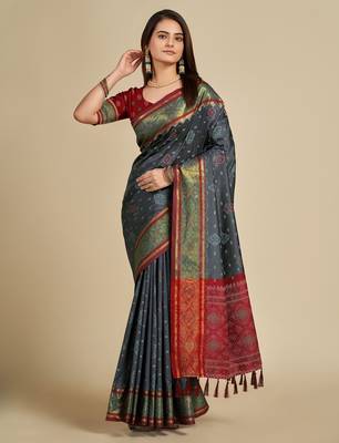 grey silk blend printed saree with blouse 1