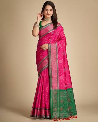 rani pink silk blend printed saree with blouse 1