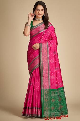 rani pink silk blend printed saree with blouse