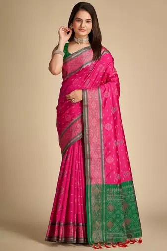 rani pink silk blend printed saree with blouse