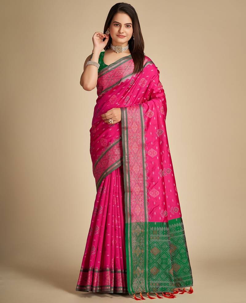 rani pink silk blend printed saree with blouse