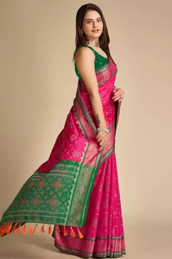 rani pink silk blend printed saree with blouse
