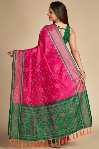 rani pink silk blend printed saree with blouse