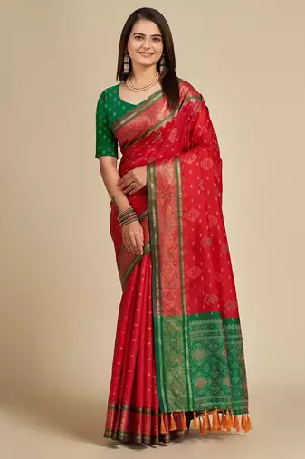 red silk blend printed saree with blouse